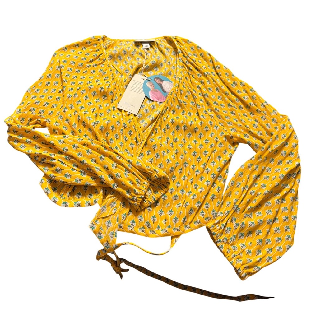 RHODE Yellow Floral Print V Neck‎ Long Sleeve Wrap Blouse Top XL